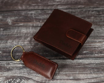 Personalised Men's Bifold Wallet, Genuine Brown Leather Wallet With Keyring, Personalized Father's Day Gift Set for Him for Dad, Husband