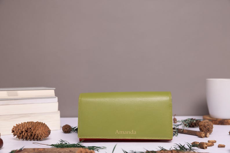 Julklapp till henne, mamma Personlig stor läderväska med korthållare, myntficka med dragkedja, RFID-plånbok i äkta läder bild 2