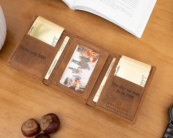 Personalised Custom Engraved Men's Trifold Wallet, Genuine Rustic Brown Leather Wallet, Personalized Christmas Gift for Him, Dad, Husband