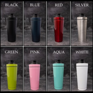 May include: Eight stainless steel shaker bottles in different colours: black, blue, red, silver, green, pink, aqua, and white. Each bottle has a black lid and a black band around the middle.