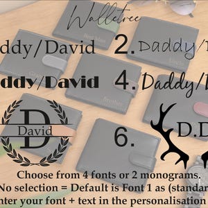 May include: A collection of gray wallets with personalized text and monogram options. The wallets are displayed on a wooden surface, with text options like "Daddy/David" and "Best Man". The image also includes instructions for font and text personalization.