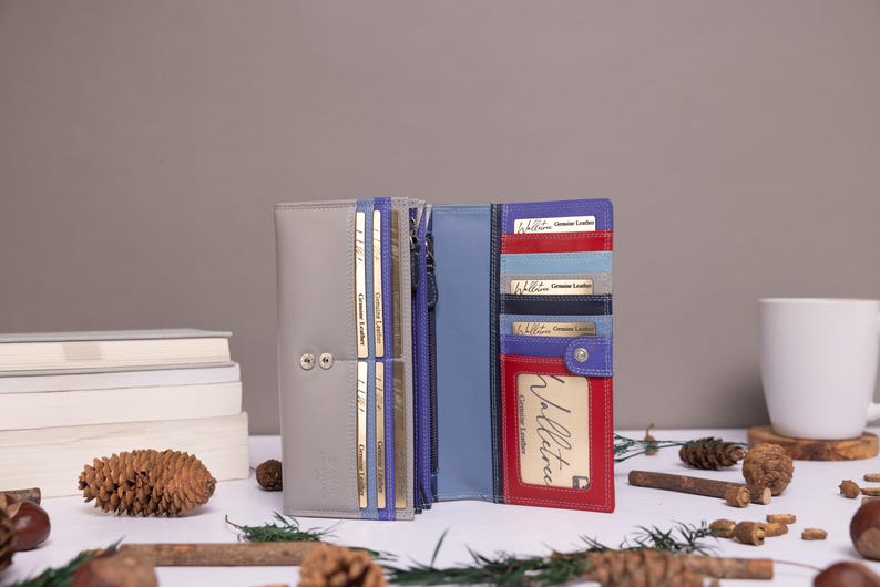 Julklapp till henne, mamma Personlig stor läderväska med korthållare, myntficka med dragkedja, RFID-plånbok i äkta läder Sky