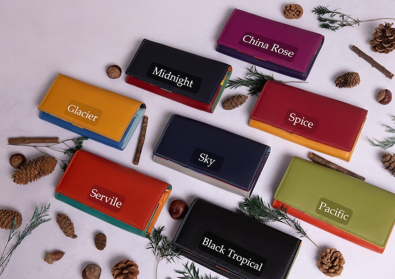 May include: A flat lay of ten colorful leather wallets with different names printed on them, including "Glacier", "Midnight", "Spice", "Sky", "Pacific", "Servile", "Black Tropical", and "China Rose".