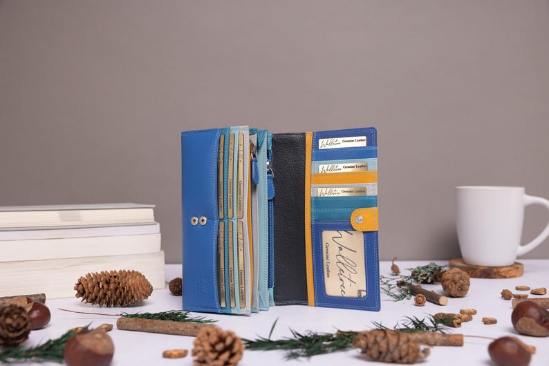 Julklapp till henne, mamma Personlig stor läderväska med korthållare, myntficka med dragkedja, RFID-plånbok i äkta läder Glacier