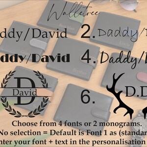 May include: A collection of gray wallets with personalized text and monogram options. The wallets are displayed on a wooden surface, with text options like "Daddy/David" and initials. The image includes instructions for font and text selection.