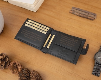 Personalised Men's Leather Wallet, Genuine Soft Black Engraved Leather Wallet, Personalized Father's Day Gift for Dad, Grandad, Husband
