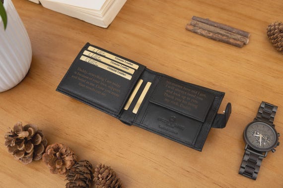 Personalised Men's Leather Wallet, Genuine Soft Black Engraved Leather Wallet, Personalized Father's Day Gift for Dad, Grandad, Husband