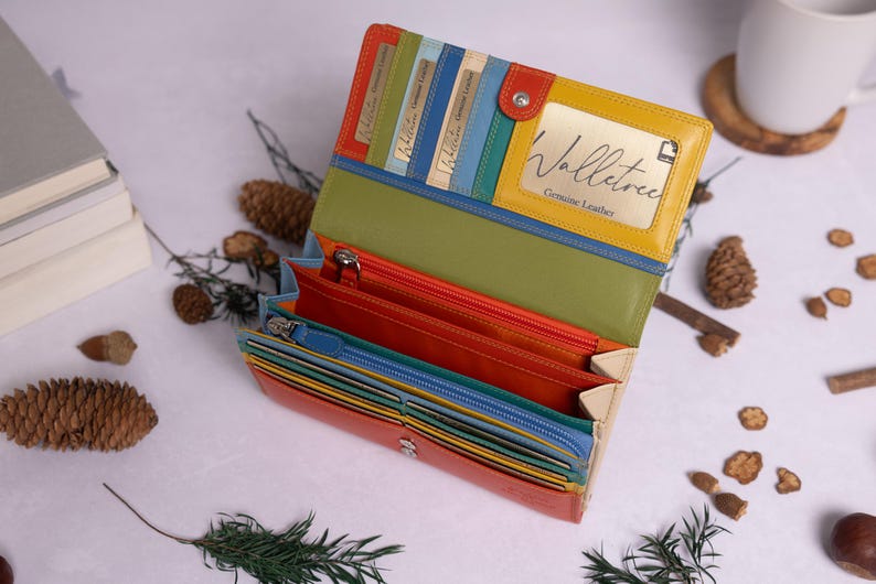 May include: A multi-coloured leather wallet with a yellow flap that says "Walletree Genuine Leather". The wallet is open and shows multiple card slots and a zipped compartment.