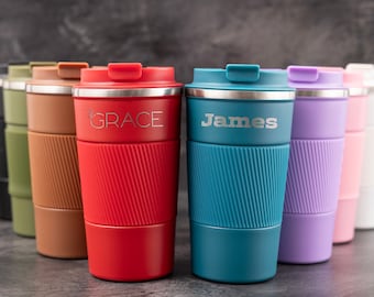 Tazas de café de metal personalizadas de 380 ml y 510 ml, tazas de café/té de acero inoxidable grabadas personalizadas, taza de viaje fría y caliente, regalo para él/ella