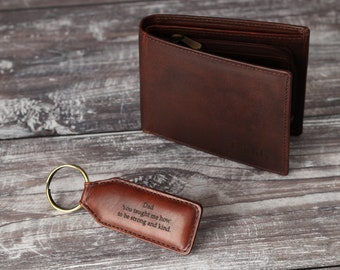 Personalised Men's Bifold Wallet, Genuine Brown Leather Wallet With Keyring Set, Personalized Gift for Boyfriend, Father's Day Gift for him