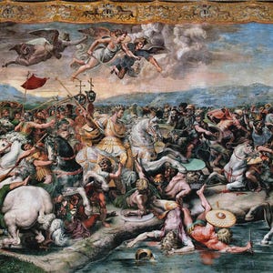 May include: A detailed painting depicting a chaotic battle scene with numerous figures on horseback and on foot. The artwork features a variety of colors, including blues, browns, and whites, with figures in classical attire. Angels are depicted in the sky.