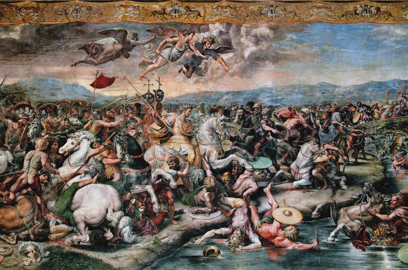 May include: A detailed painting depicting a chaotic battle scene with numerous figures on horseback and on foot. The artwork features a variety of colors, including blues, browns, and whites, with figures in classical attire. Angels are depicted in the sky.