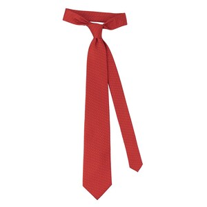 May include: A red tie with a textured pattern. The tie is knotted at the neck and hangs down, with one side longer than the other. The tie is a solid, vibrant red color.