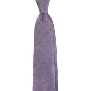 May include: A purple silk tie with a blue and white geometric pattern.