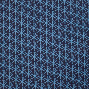 May include: Close-up of a navy blue fabric with a repeating pattern of light blue symbols. The symbols are a combination of a cross and the letter "P", creating a textured design. The fabric has a subtle sheen.