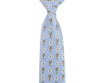 Cravate première communion pour garçon - Cravate eucharistique catholique, cadeau religieux en bleu ou crème
