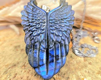 Nature Labradorite Carved Angel Wing Pendant Necklace