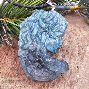 Nature Labradorite Carved Flashy Medusa Big Pendant Necklace