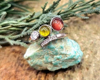Bi-Color Tourmaline Ring • Adjustable Size • Rhinestone Accent