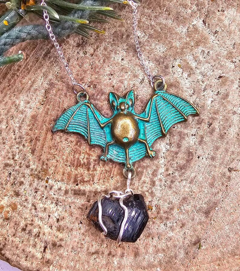 Flying Bat Nature Black Tourmaline Raw Stone Pendant Necklace image 5