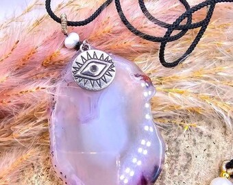 Purple Agate Slice Pendant Necklace • Evil Eye Charm • Protection Crystal