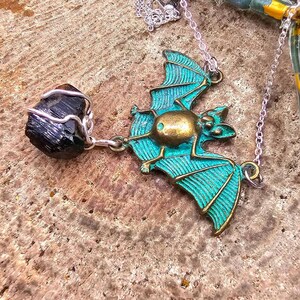 Flying Bat Nature Black Tourmaline Raw Stone Pendant Necklace image 3