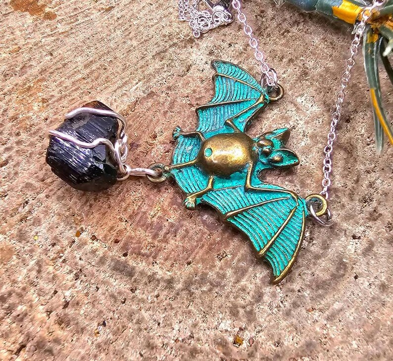 Flying Bat Nature Black Tourmaline Raw Stone Pendant Necklace image 3