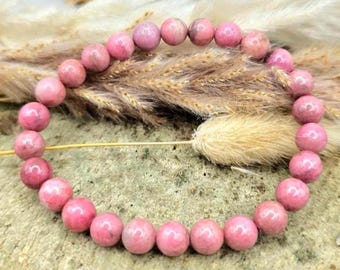 Rhodonite Bead Bracelet • 7mm Round Beads • Pink Stone Stretch Bracelet