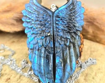 Nature Labradorite Carved Angel Wing Pendant Necklace