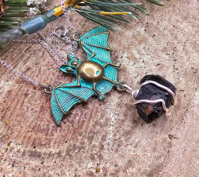 Flying Bat Nature Black Tourmaline Raw Stone Pendant Necklace image 9