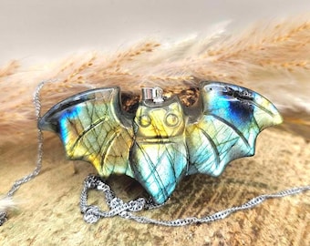 Nature Labradorite Flying Bat Pendant Necklace