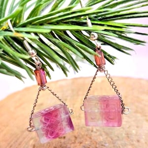 Unique Nature Rainbow Fluorite Blessing Fret Symbols Block S925 Dangle Earring