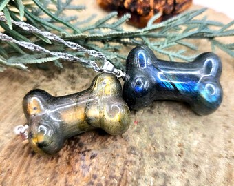 Nature Labradorite Carved Flashy Dog Bone Pendant Necklace