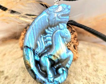 Nature Labradorite Horse And Dragon Pendant Necklace
