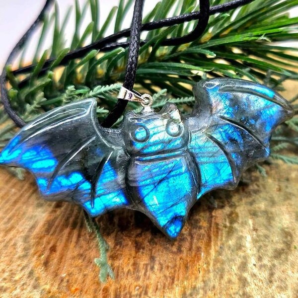 Adorable Nature Labradorite Carved Flashy Carved Flying Bat Pendant Necklace