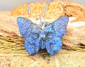 Labradorite Hidden Skull Butterfly Pendant • Hand Carved Flash • Unique Gothic NecklaceBlue