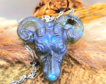 Nature Labradorite Satanic Goat Pendant Necklace