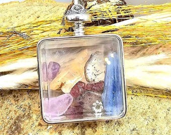 Mixed Crystal Square Locket Pendant • Kyanite Quartz Amethyst Ruby • Floating Charm Necklace