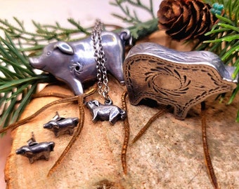 Unique vintage Pewter Silver Pig 4pcs Ensemble de bijoux (excellente qualité)