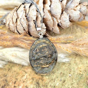 K&ouml;nnte beinhalten: Ein ovaler Anh&auml;nger mit einem geschnitzten Rosenmotiv auf einem dunklen, schillernden Stein. Der Anh&auml;nger h&auml;ngt an einer silberfarbenen Kette und zeigt einen metallischen Glanz sowie filigrane florale Details auf der Oberfl&auml;che des Steins.