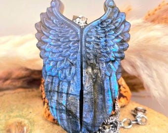 Nature Labradorite Carved Angel Wing Pendant Necklace