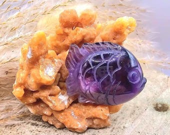 Amethyst Fish • Calcite Cluster Decor • Hand Carved Two Piece Set