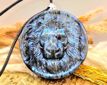 Nature Labradorite Carved Lion Head Pendant Necklace