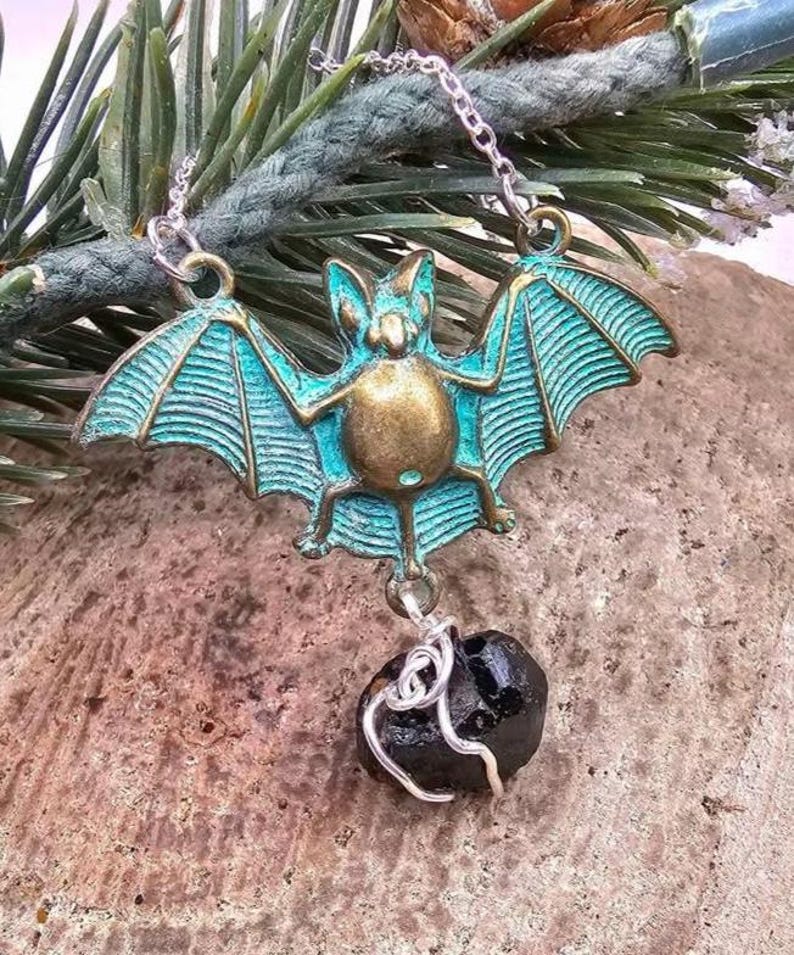 Flying Bat Nature Black Tourmaline Raw Stone Pendant Necklace image 2