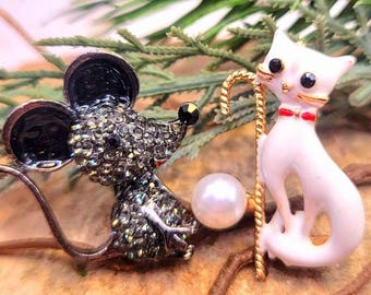 Rhinestone Mouse Brooch • White Cat Pin • Sparkly Animal Pin
