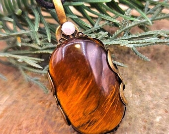 Tiger's Eye Wrapped Pendant Necklace • Floral Brass Filigree • Polished Gemstone Jewelry