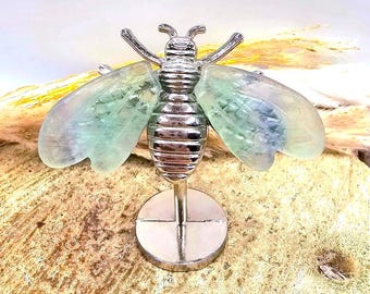 Natural Green Fluorite Bee Figurine – Hand‑Carved Wings, Silver‑Tone Body, Crystal Decor (2")