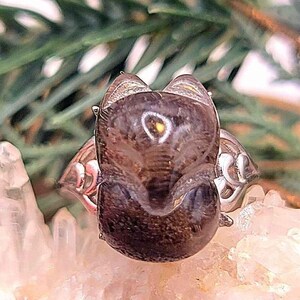 Beautiful Nature Phantom Quartz Hand Carved Fox Adjustable Ring