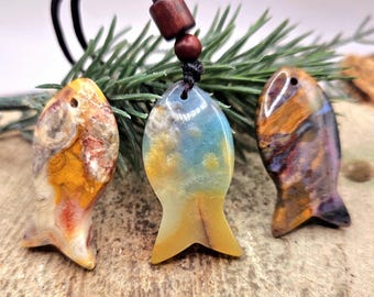 Nature Ocean Jasper Agate Colorful Fish Pendant Necklace