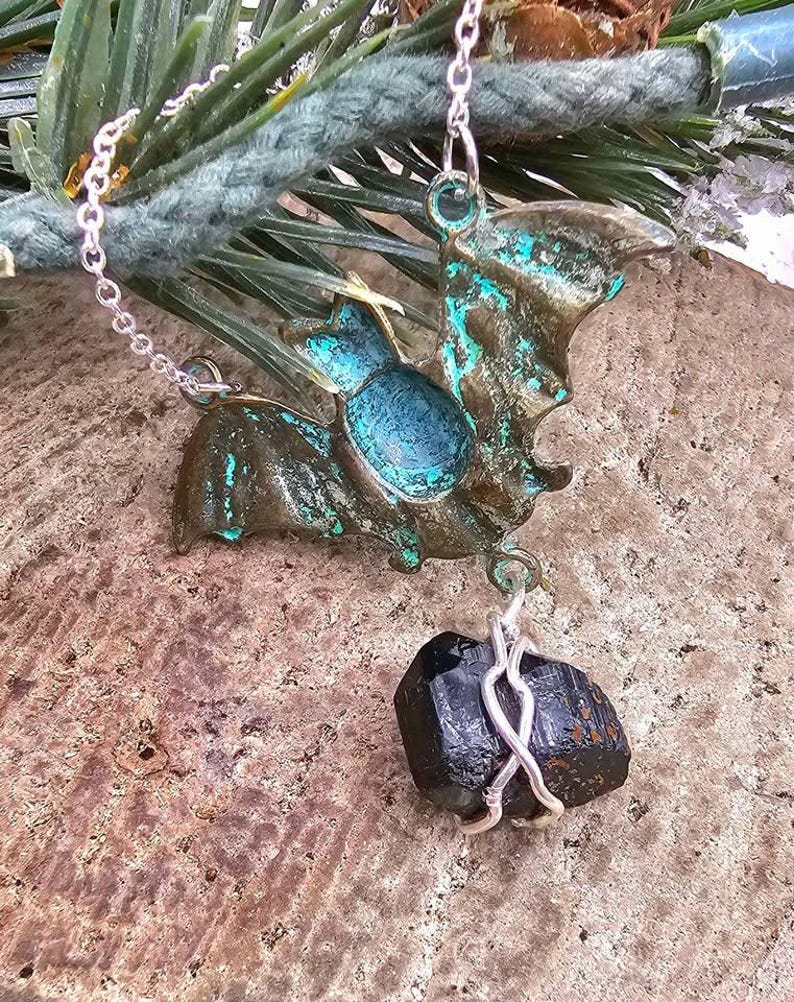 Flying Bat Nature Black Tourmaline Raw Stone Pendant Necklace image 8